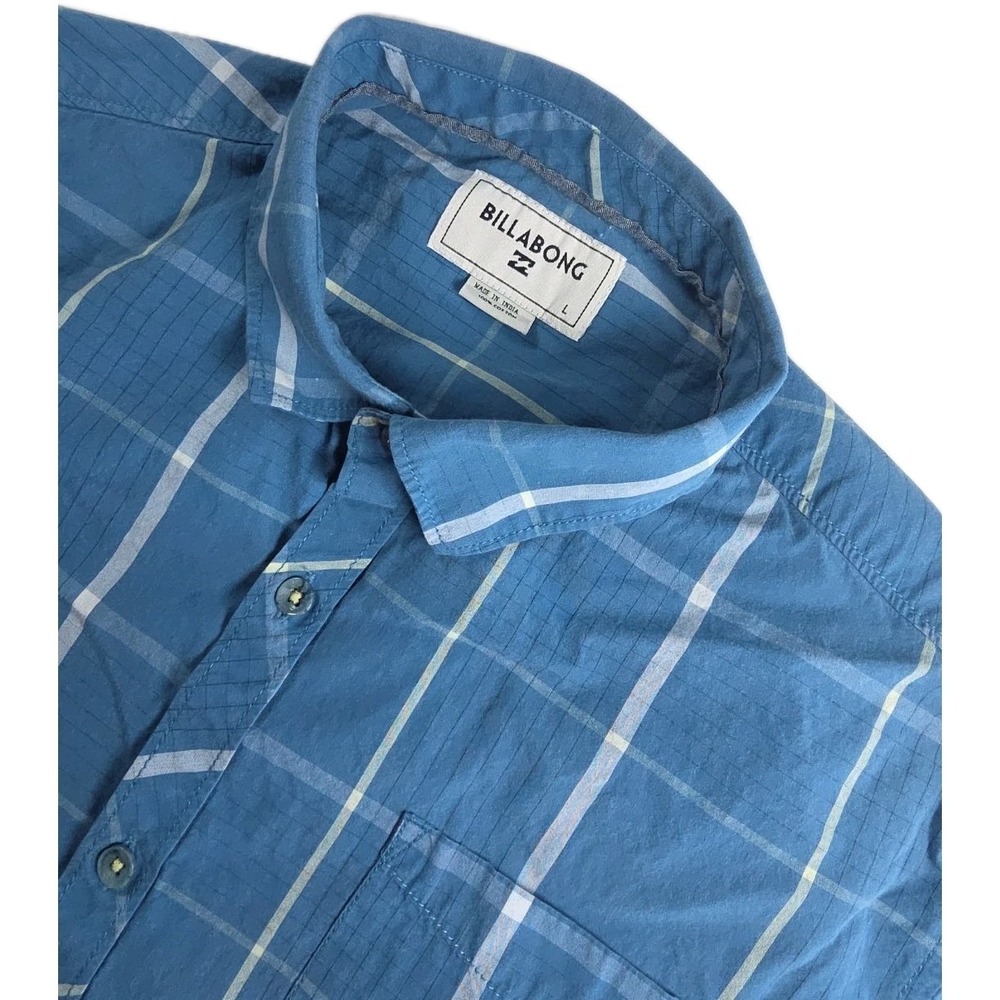 Billabong Shirt Mens Large Blue Gray Plaid Short Sleeve Button Up‎ Pockets Surf
